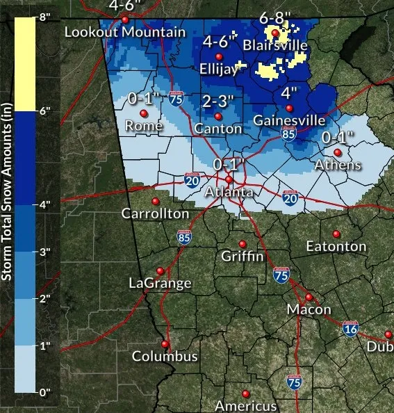Snowfall totals across north Georgia to date show sharp contrasts between mountain ridges and metro Atlanta